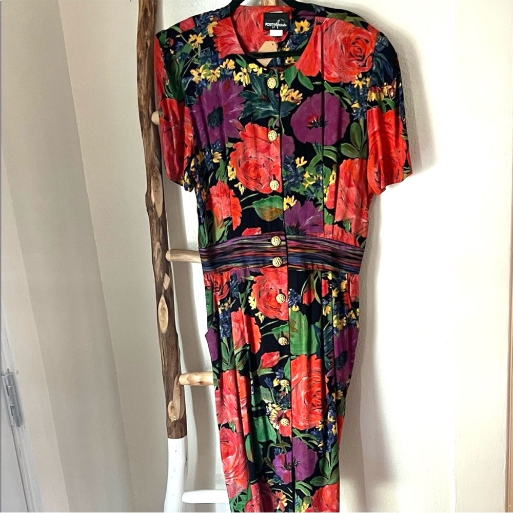Positive Attitude Vintage 80s Floral Midi Dress - Red, Purple, Green Black Large